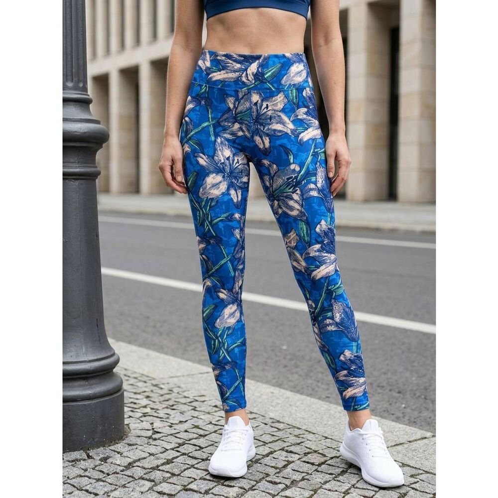 🔺️NWT Lularoe Blue & Peach Stargazer Lily Floral Print Legging Pants One Size